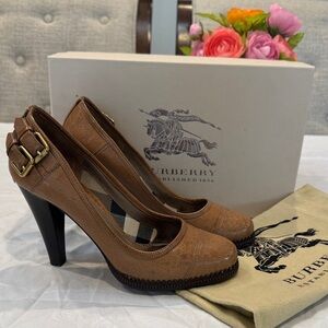 Authentic Burberry Tan Heels with Gold Buckle